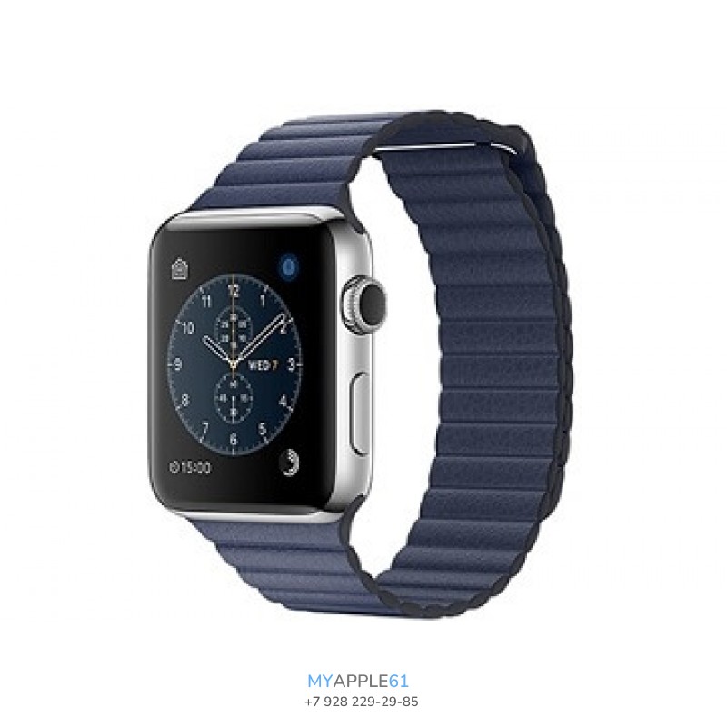 Apple Watch Series 2, 42 мм, корпус из нержавеющей стали, тёмно‑синий кожаный ремешок